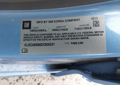 2013 Chevrolet Spark Ls Manual from USA, damaged, VIN KL8CA6S98DC600531